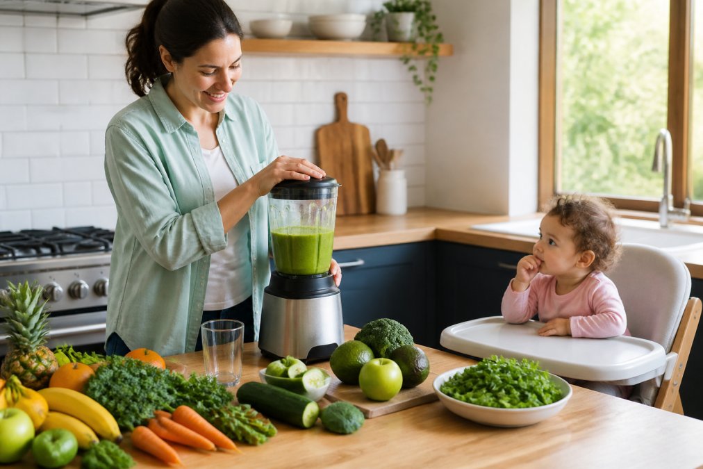 Professional illustration showing parent and blending and vibrant concepts for how to get toddlers to eat vegetables