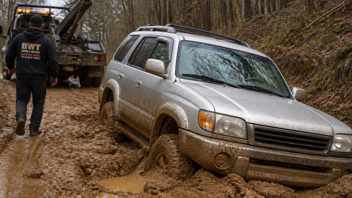 Vehicle with wheels stuck in thick mud, showing the depth of mud around tires and the angle where the car has sunk