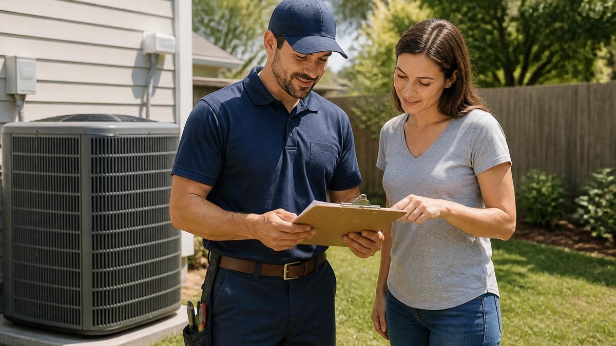 A homeowner and an HVAC technician in uniform reviewing a written estimate on a clipboard beside an outdoor air conditioning condenser unit in a sunny residential backyard