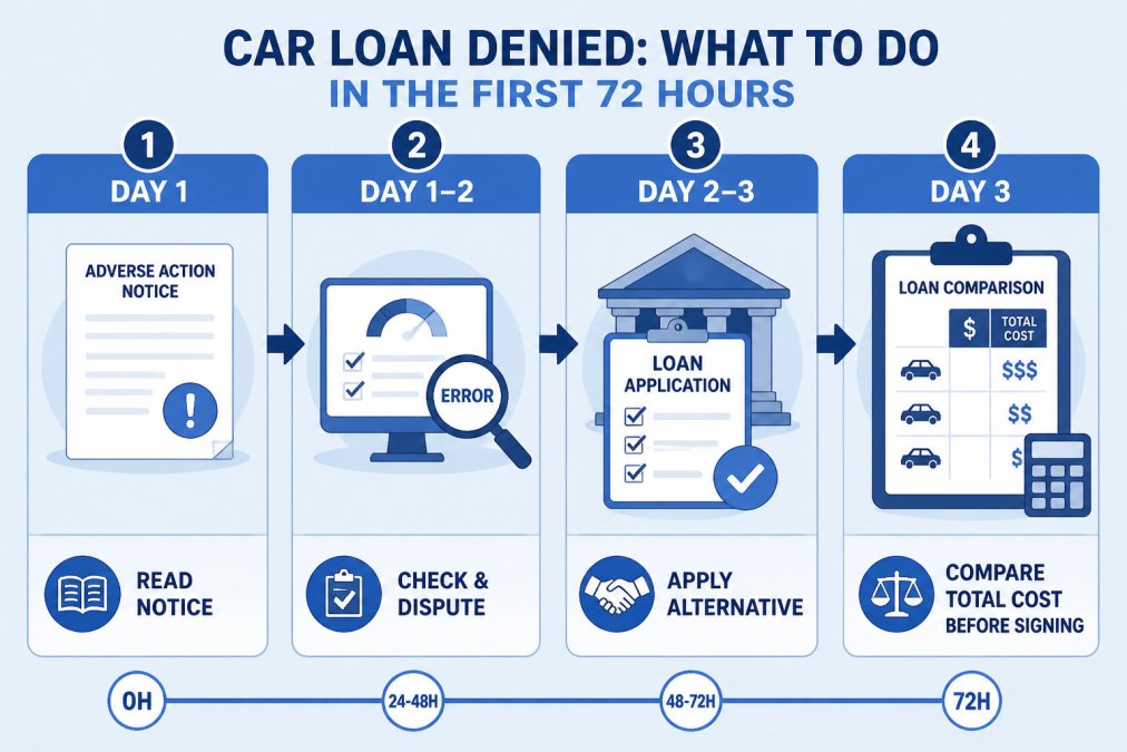 Flowchart of steps to take after used car financing denial, from reviewing adverse notices to finding alternative lenders.