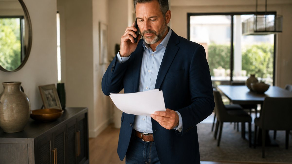 A veteran business owner at a desk organizing paperwork and a laptop, with a folder of documents and a pen, in a home office setting