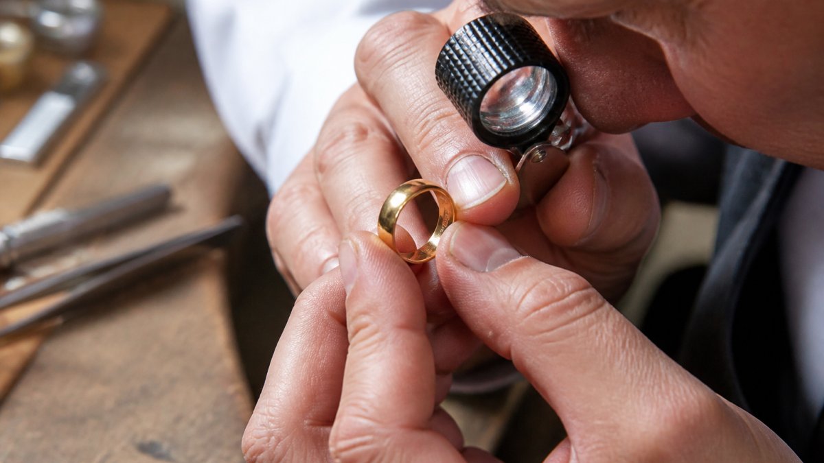 Jeweller using a loupe to inspect hallmark stamps inside a gold ring
