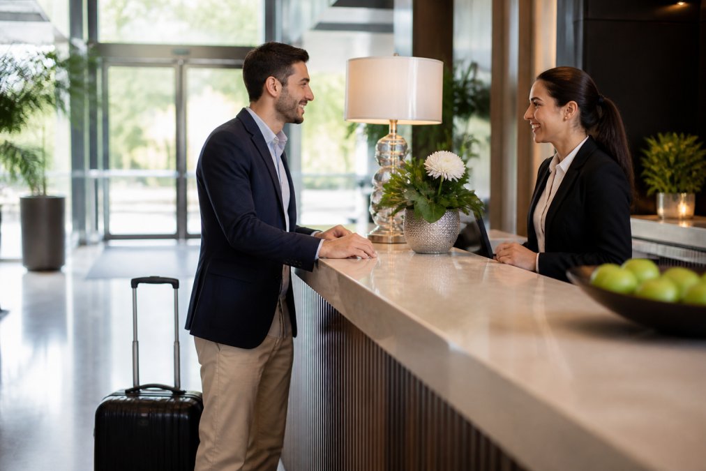 A smiling traveler in business casual attire speaking warmly with a hotel front desk staff member at a bright, modern hotel lobby check-in counter, rolling luggage beside them, natural light streaming through large windows