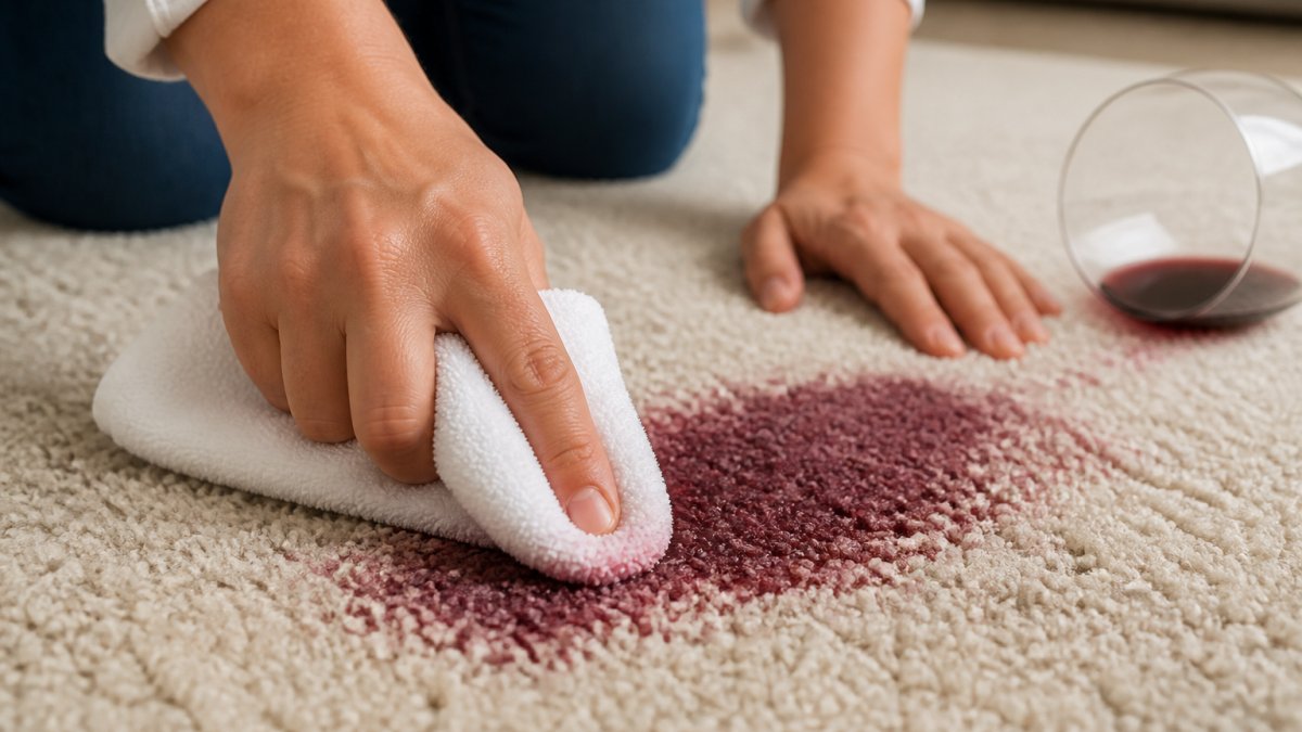 Close-up of hands using a white cotton towel to blot a fresh red wine spill on a wool rug, showing careful dabbing motion without rubbing