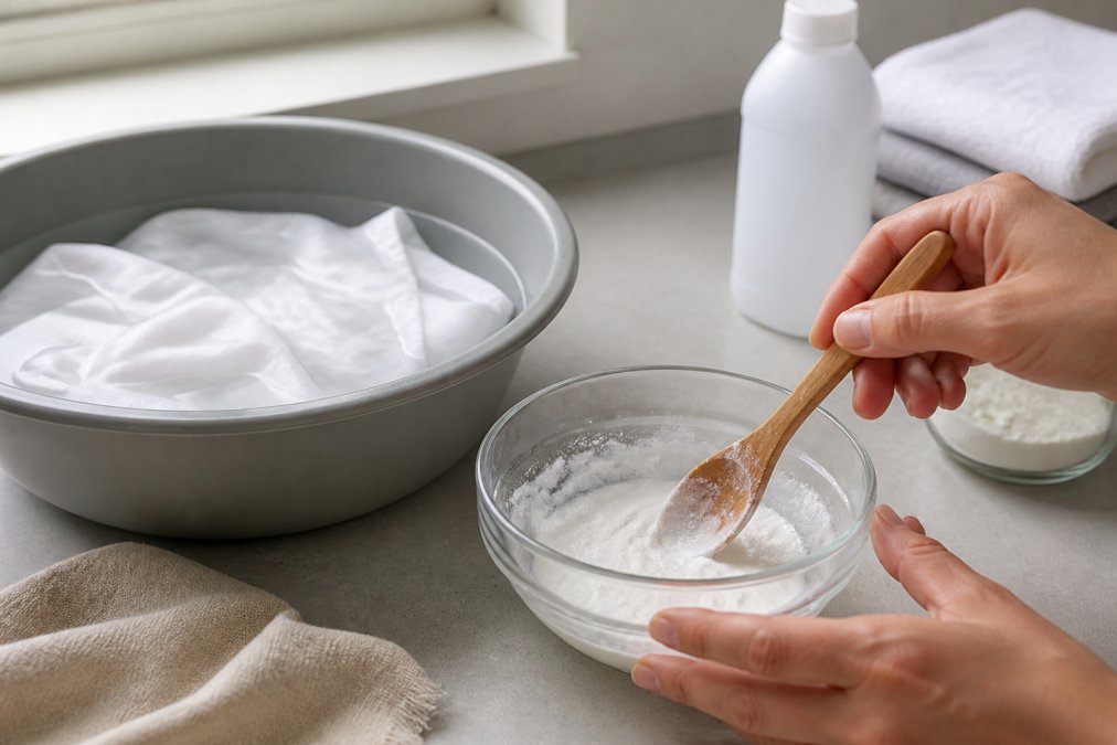 Mixing a vinegar and baking soda paste to learn how to get yellow stains out of white clothes effectively.
