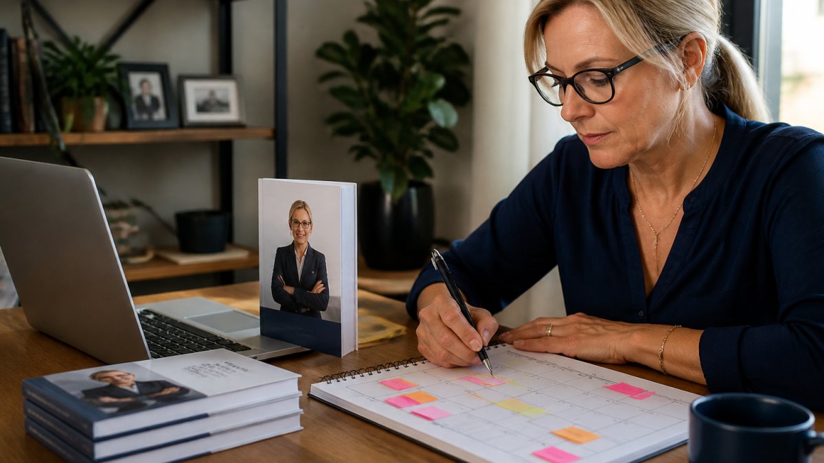 Professional consultant at desk with published book, laptop displaying marketing analytics dashboard, and calendar marked with launch milestones
