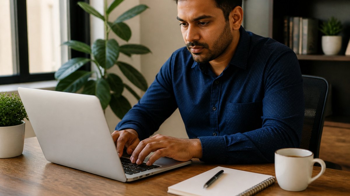 Freelance consultant typing an outreach message for their first online business customer on a laptop