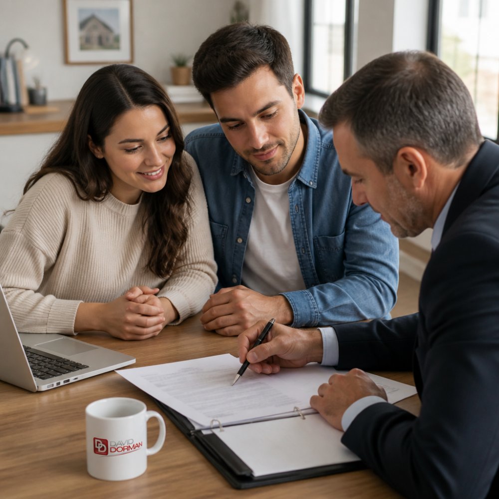 Real estate agent and first-time homebuyer sitting at a desk reviewing a purchase agreement and offer letter together, with a laptop, pen, and documents visible, natural office lighting