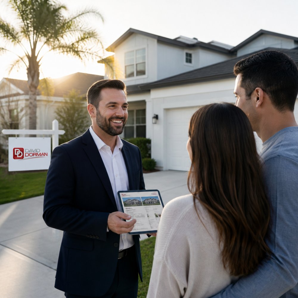 Professional real estate agent standing in front of a modern home in a residential neighborhood, holding a tablet with property listing information, morning sunlight