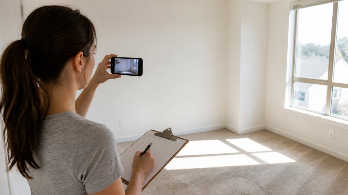 Renter documenting a clean apartment with a smartphone to help get a security deposit back after moving out.