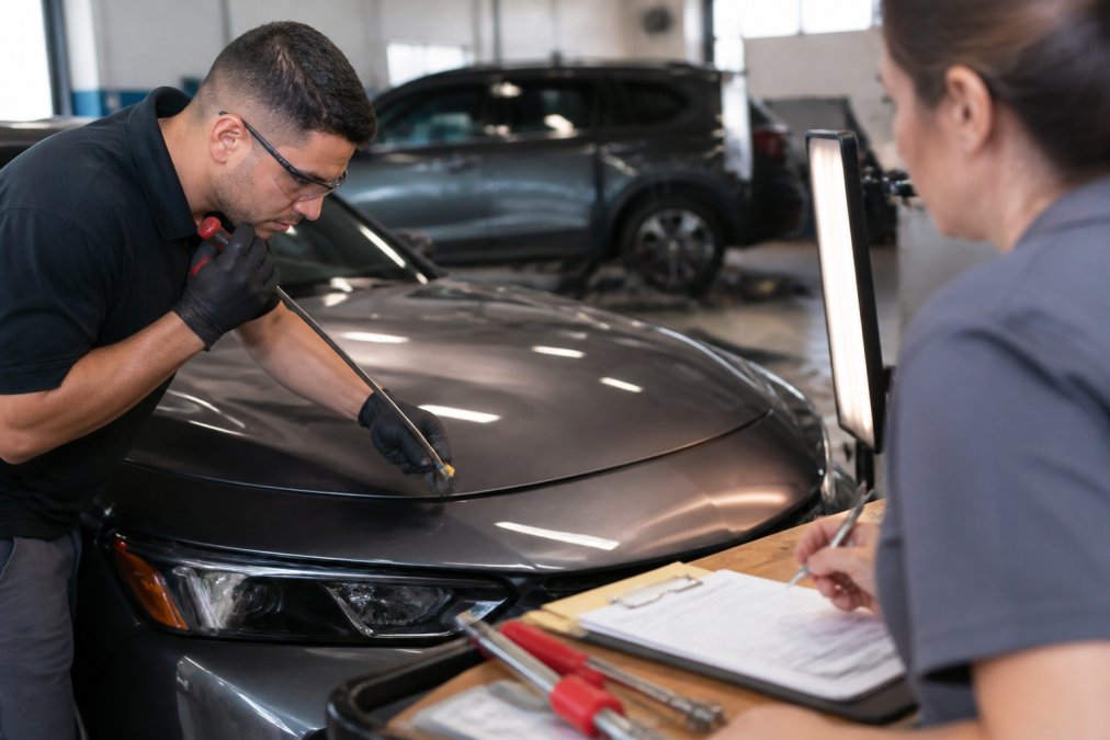 A certified technician using paintless dent repair tools on a car hood in a clean, well-lit auto body shop, with a clipboard and insurance paperwork visible on a nearby workbench