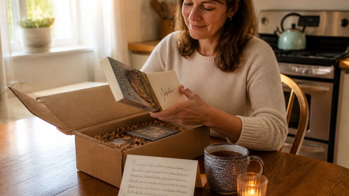 A woman in her forties opening a cozy mystery subscription box at a kitchen table, lifting out an author-signed paperback while a handwritten gift card, a mug of tea, and a small candle sit nearby in warm afternoon light