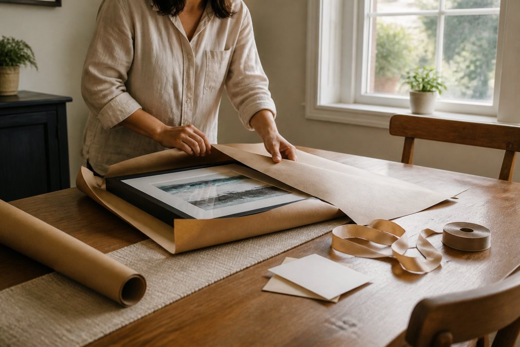 A person carefully wrapping a framed canvas print in kraft paper on a dining table, with a handwritten card and ribbon nearby, warm afternoon light through a window