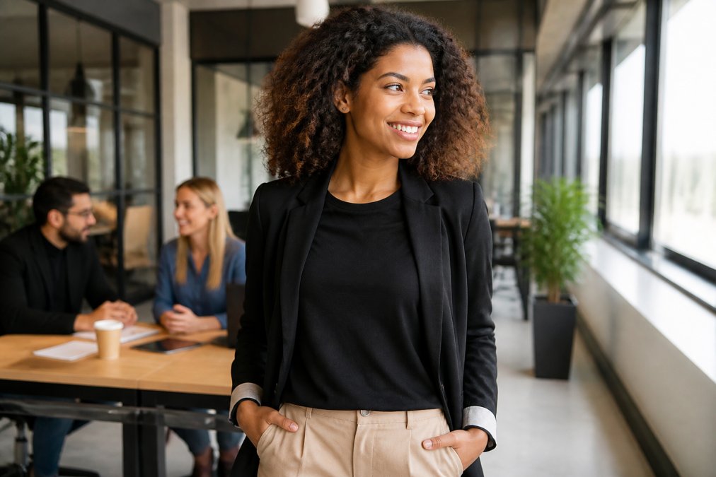 Professional woman wearing an empowerment graphic tee and blazer in a modern office, showing how to gift empowerment themed