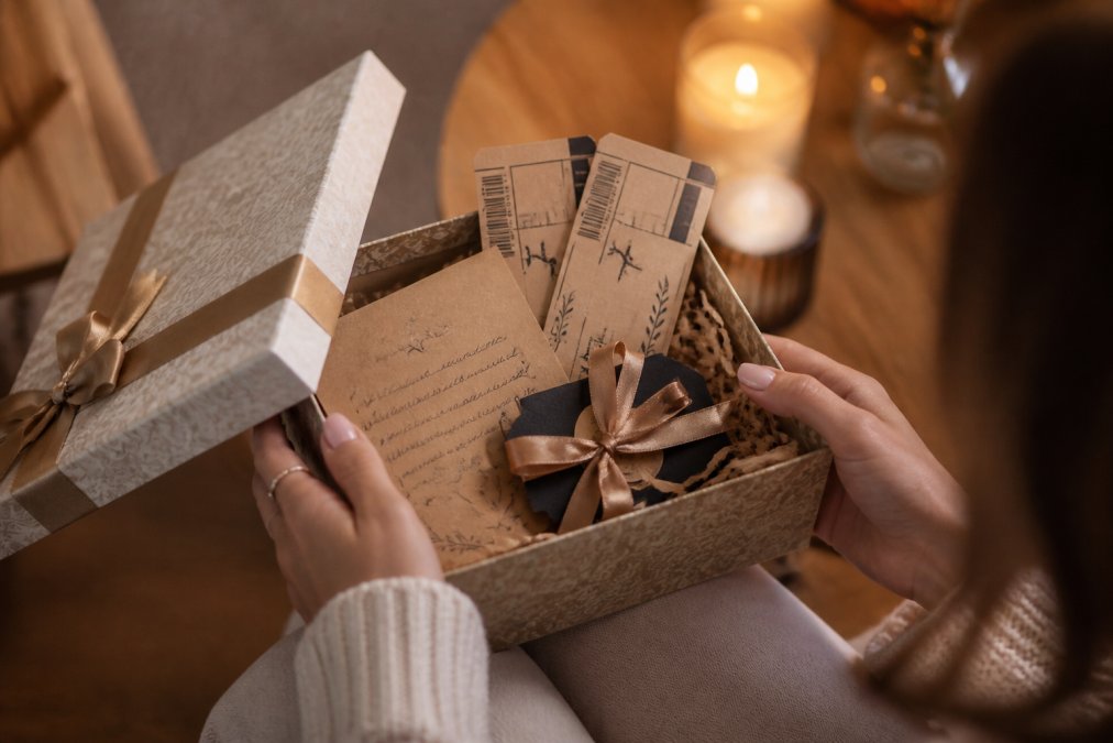 Hands opening a decorative box filled with event tickets and notes for gift experiences in a warm, cozy setting.