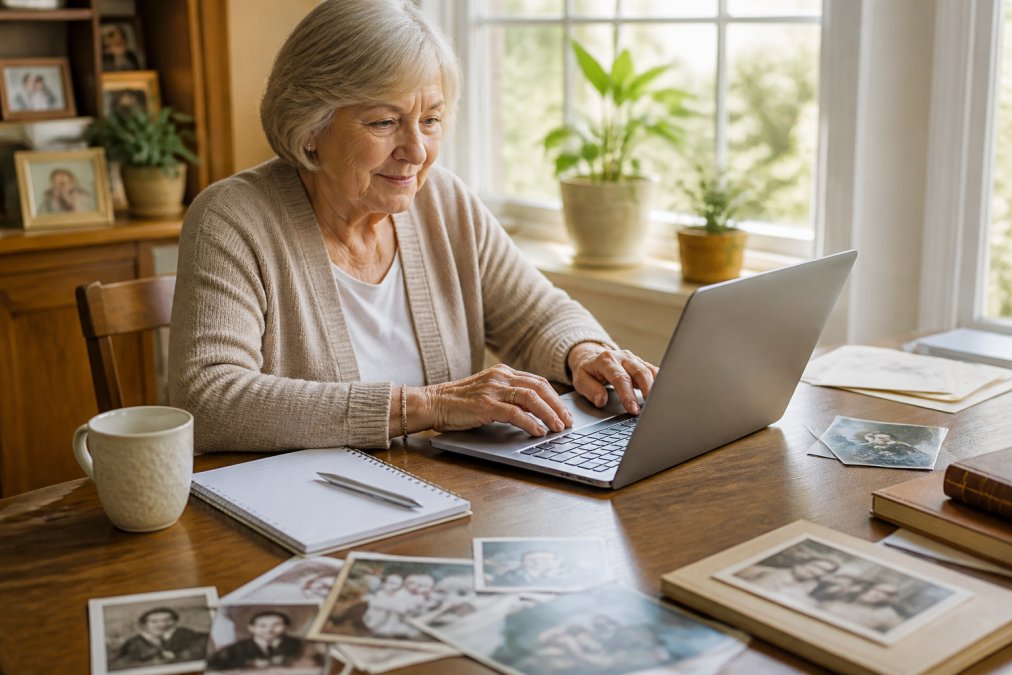 Older adult sitting at a laptop with a warm, focused expression, hands on keyboard, surrounded by family photos and a notebook, natural light from a window