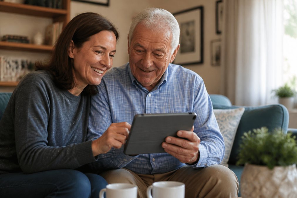 Adult child and aging parent sitting together reviewing content on a tablet, smiling, in a comfortable home setting with warm lighting