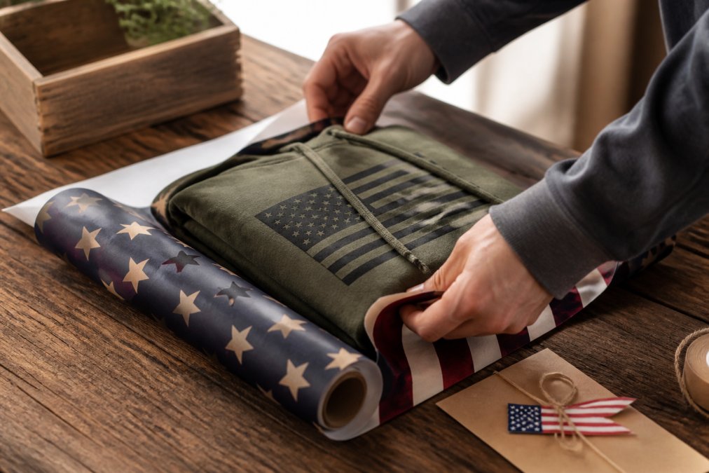 A person carefully wrapping a folded military-style hoodie in patriotic-themed gift paper, with a handwritten note and a small American flag ribbon on a wooden table