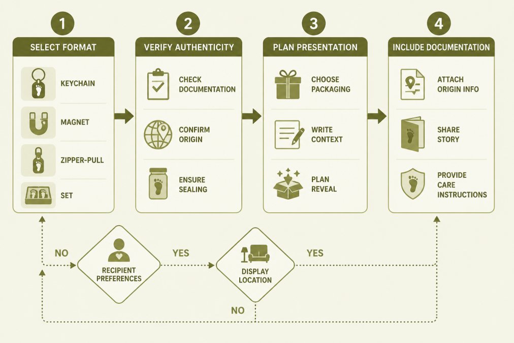 Flowchart showing the 4-step gifting process: Step 1 Select Format (Keychain, Magnet, Zipper-Pull, Set) → Step 2 Verify Authenticity (Check Documentation, Confirm Origin, Ensure Sealing) → Step 3 Plan Presentation (Choose Packaging, Write Context, Plan Reveal) → Step 4 Include Documentation (Attach Origin Info, Share Story, Provide Care Instructions) with decision points for recipient preferences and display location