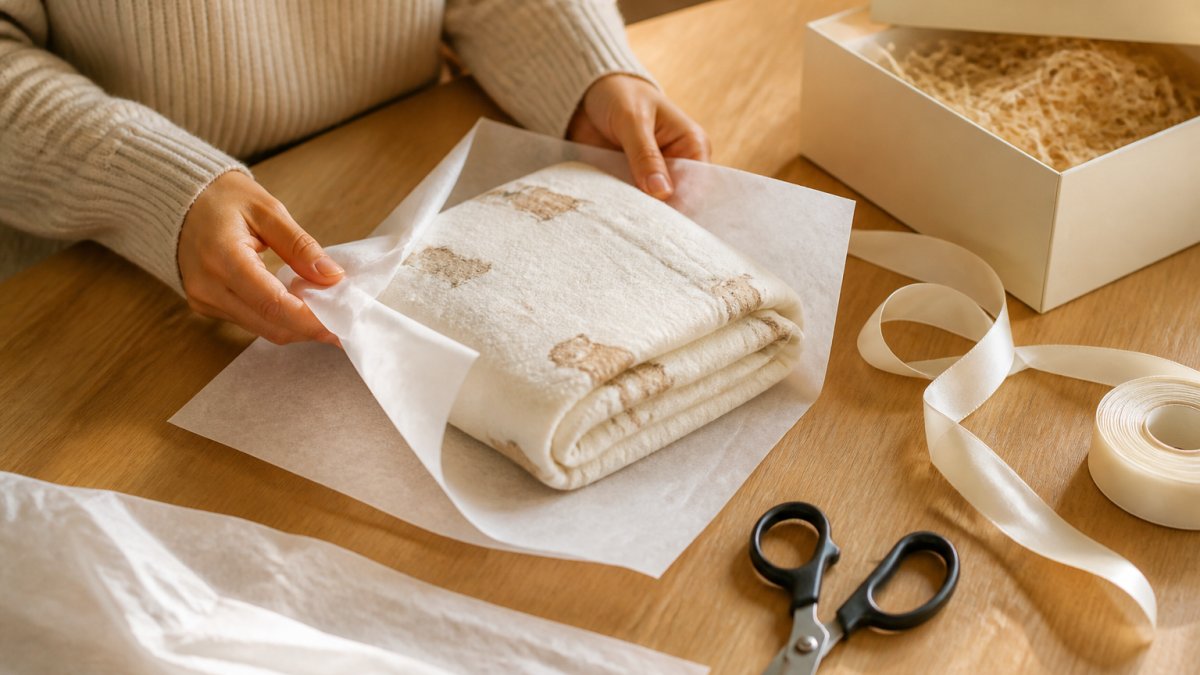 Step-by-step guide on how to gift wrap personalised baby blankets with tissue paper and ribbon.