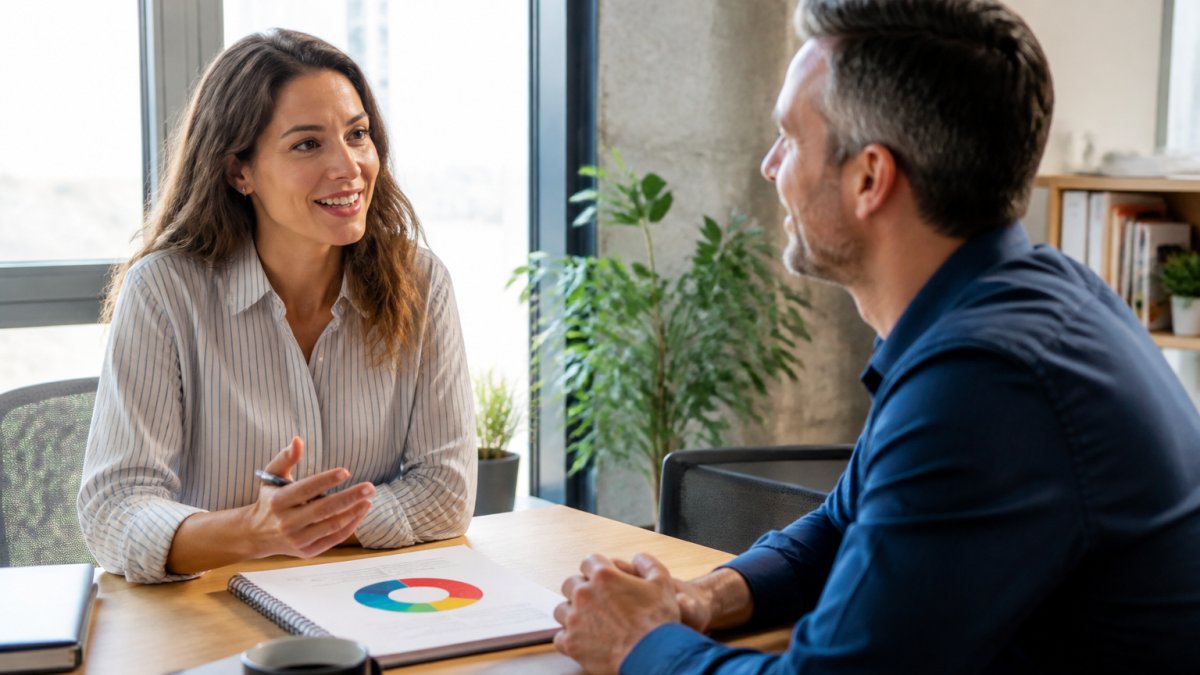 Manager and employee discussing a DiSC style report during a productive one-on-one meeting in a bright office