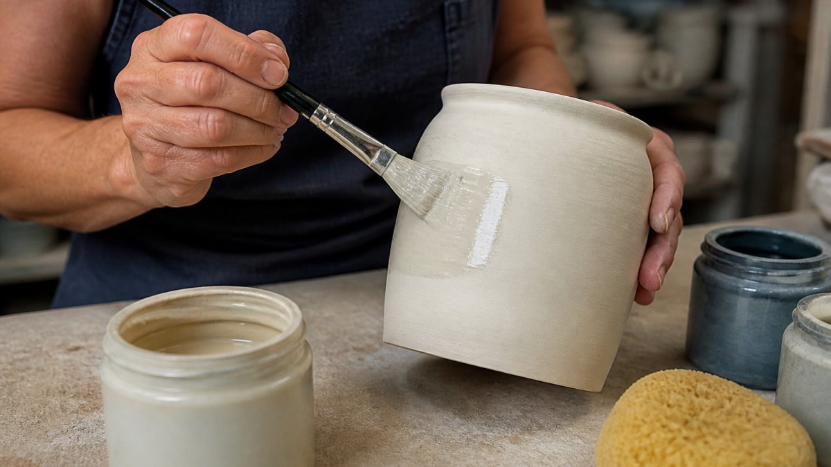 Hands using a soft brush to apply an even coat of glaze to a bisque-fired pottery piece on a studio table