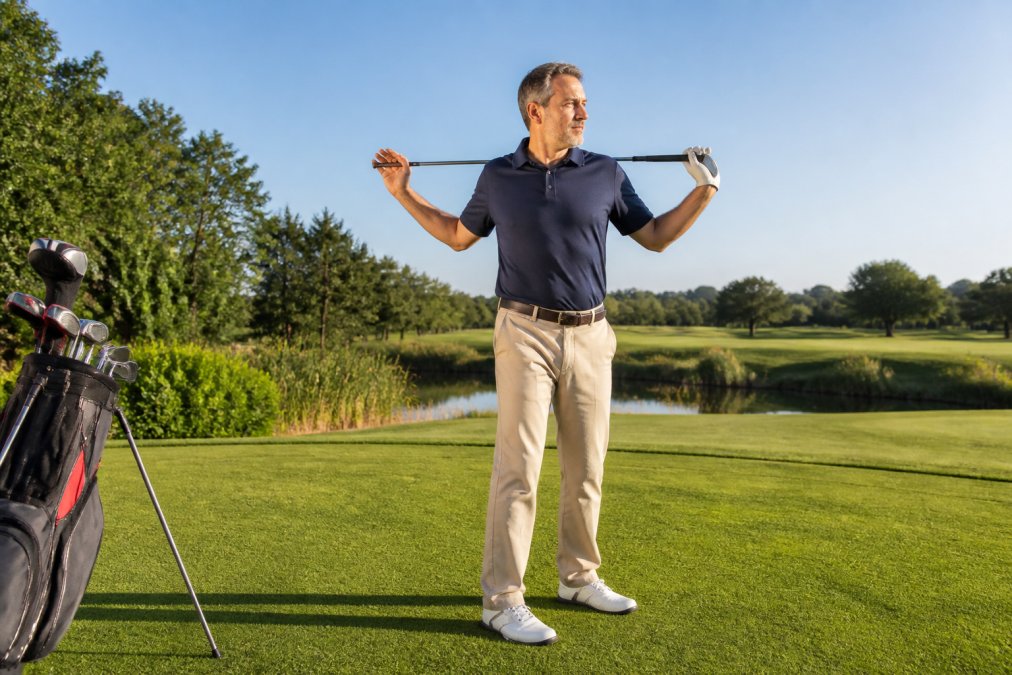 A middle-aged golfer on a sunny tee box performing a torso rotation stretch, holding a golf club across their shoulders, with a golf bag nearby