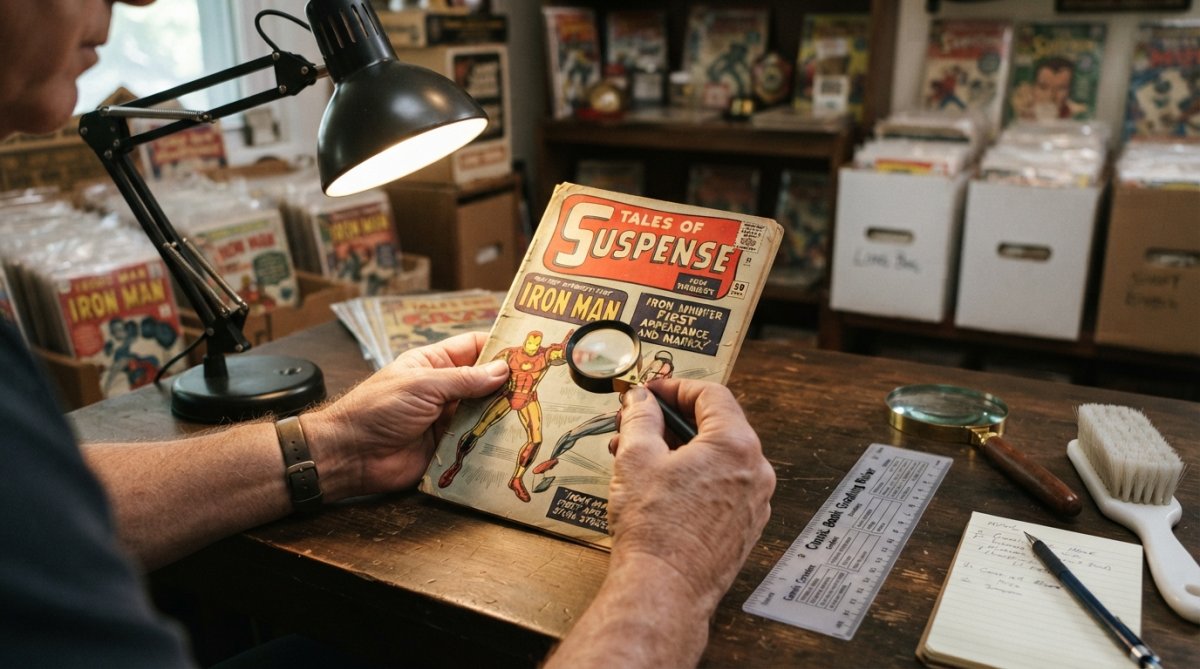 Close-up of a collector's hands holding a comic book under a bright desk lamp, with a magnifying glass and a grading ruler on the table nearby