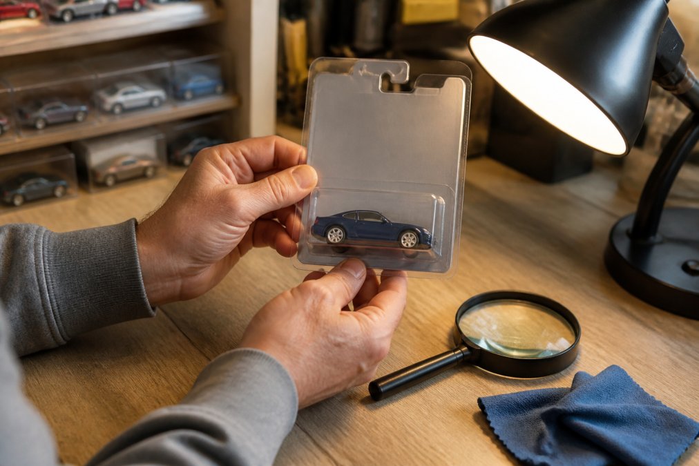 Close-up of a collector's hands holding a diecast car in its blister pack under a bright desk lamp, with a magnifying glass and soft cloth on a wooden table
