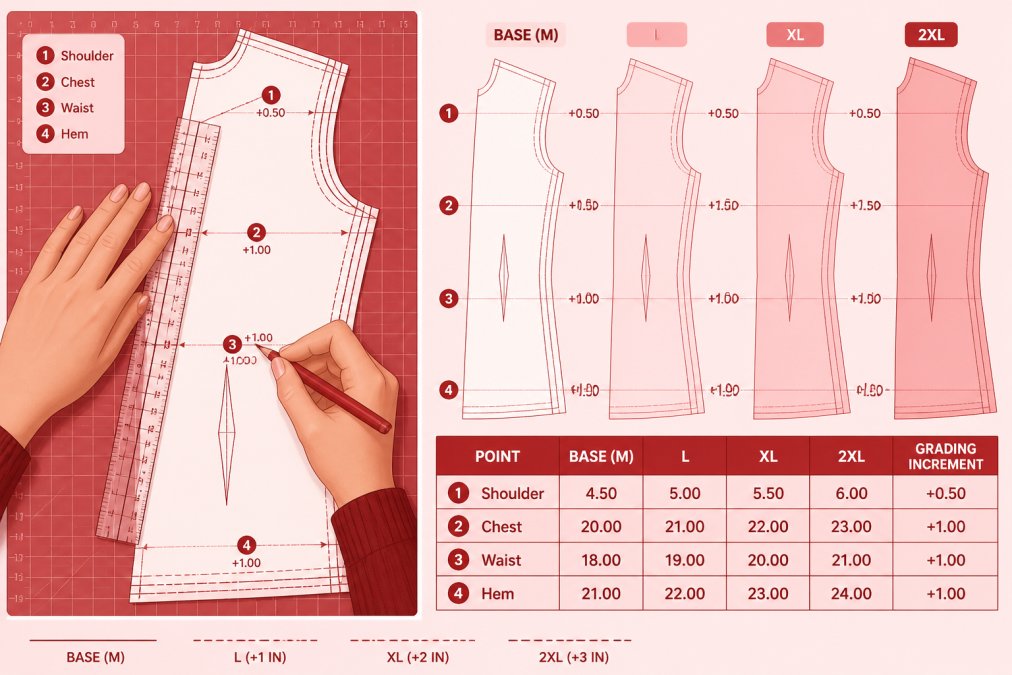 Close-up of hands working with pattern pieces on a cutting mat, showing detailed measurements marked with rulers and grading increments on multiple size variations laid out side by side