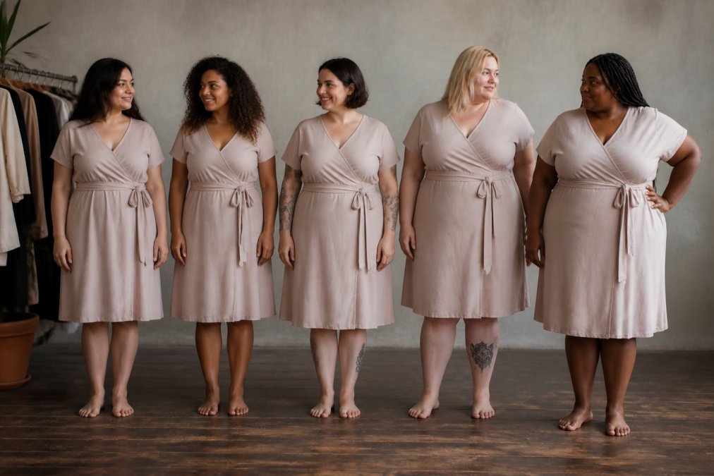 A diverse group of fit models wearing the same garment design in different extended sizes, standing together to show how silhouette and proportions change across the size range, photographed in natural studio lighting