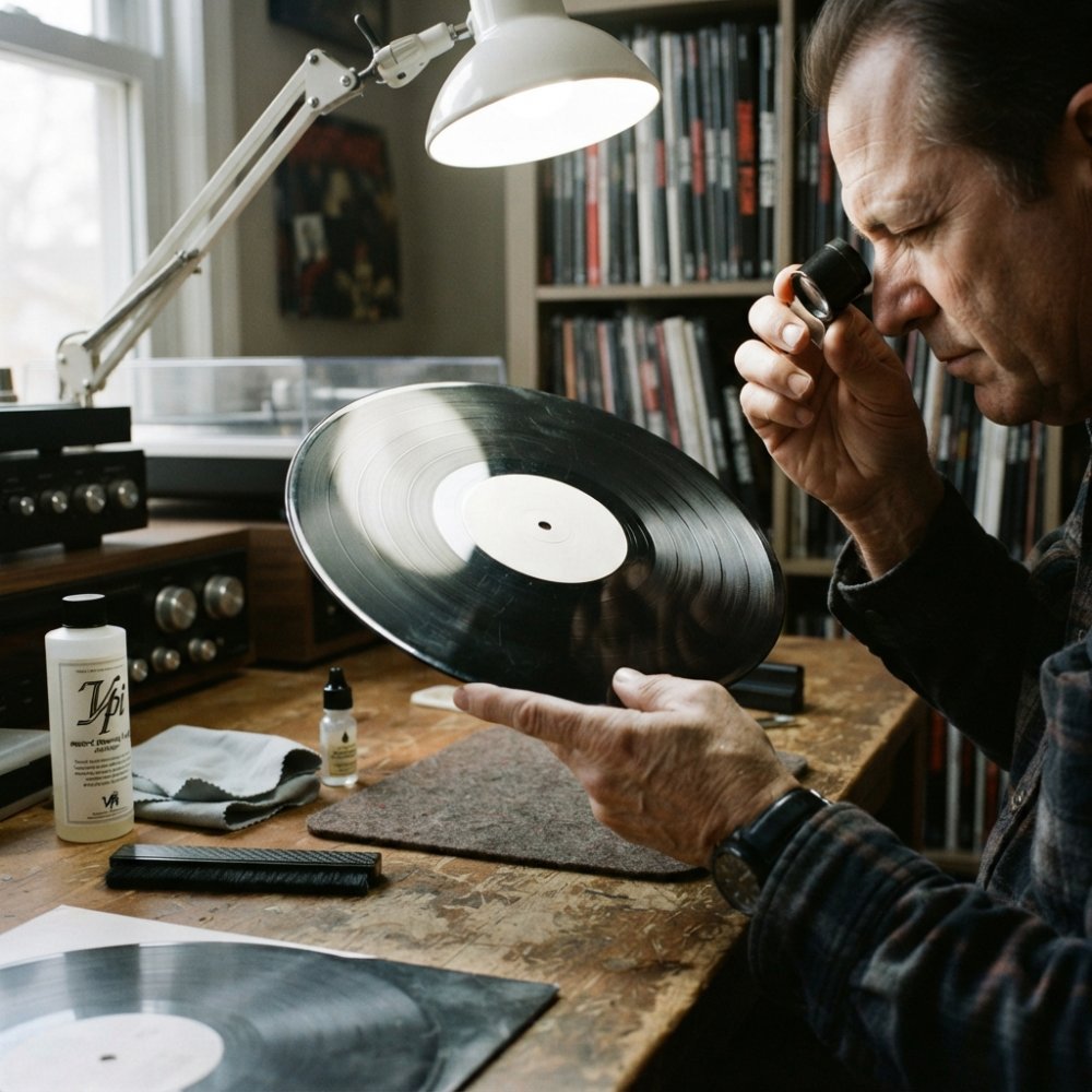 Close-up of hands holding a horror vinyl record under bright light, examining the surface for scratches and defects with magnification