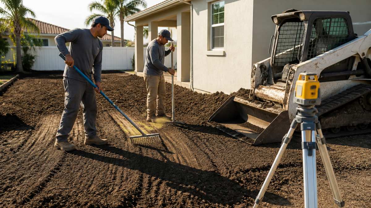 How to Grade Land Correctly: A Step-by-Step Guide 2 Landscaping crew using a laser level and rake to grade land around a residential home foundation