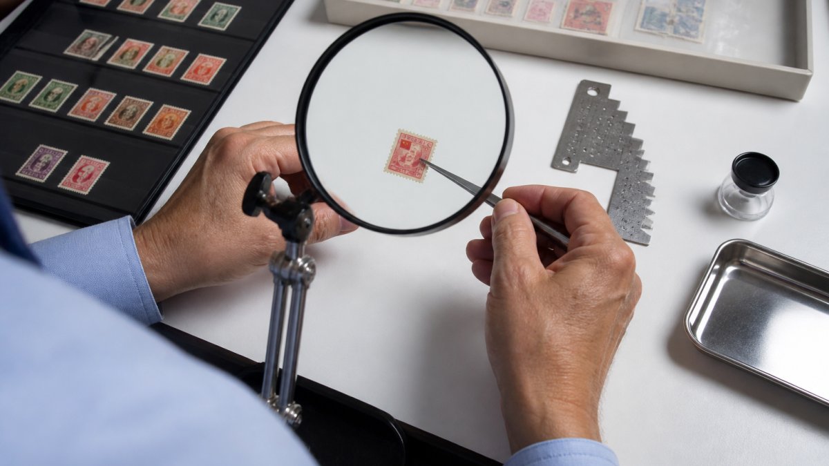 Collector using tongs to examine a vintage stamp under a magnifying glass with a perforation gauge nearby
