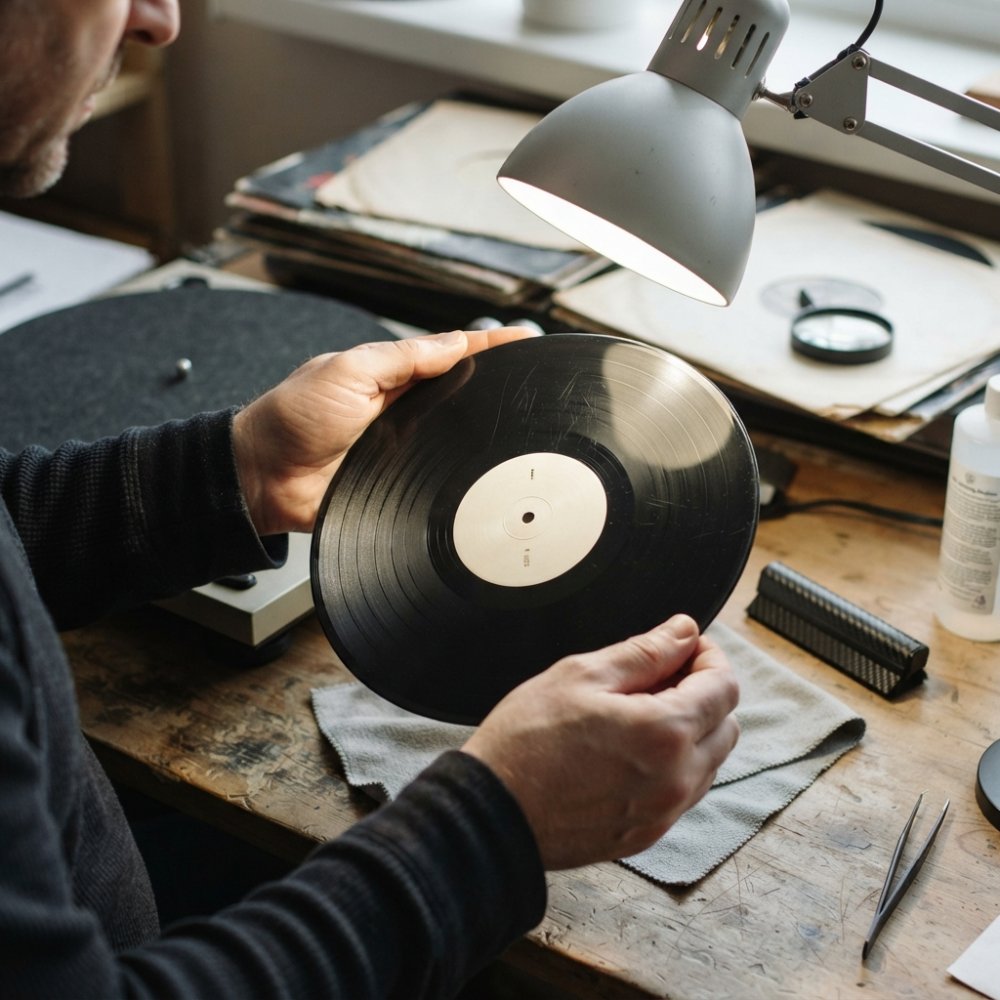 Close-up of hands holding a vinyl record under bright directional light, examining the surface for hairlines, scuffs, and groove wear patterns