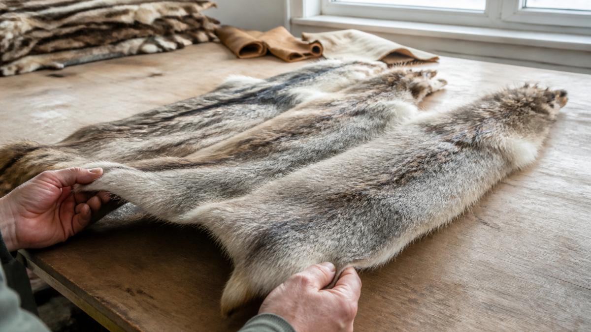 Step-by-step workflow to grade raw fur pelts by inspecting guard hair and density under natural light.