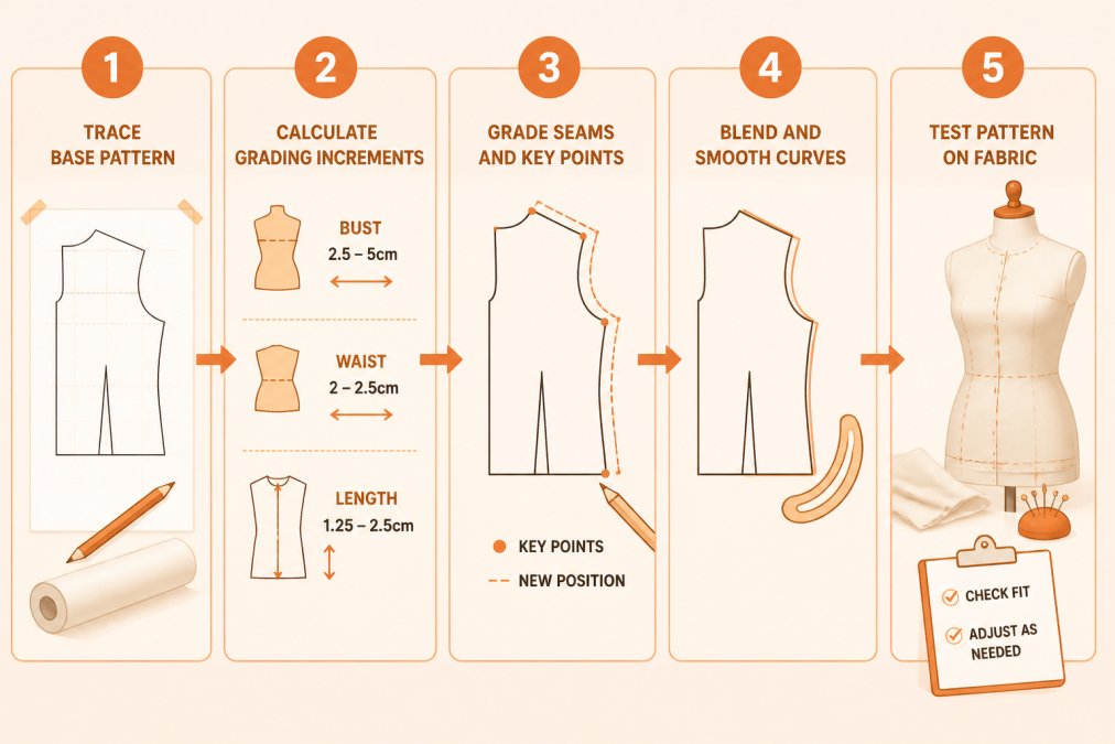 Flowchart showing 5-step grading process: Trace Base Pattern → Calculate Grading Increments (add 2.5-5cm bust, 2-2.5cm waist, 1.25-2.5cm length) → Grade Seams and Key Points (mark new positions on all pieces) → Blend and Smooth Curves (connect points with smooth lines) → Test Pattern on Fabric (check fit and adjust as needed)