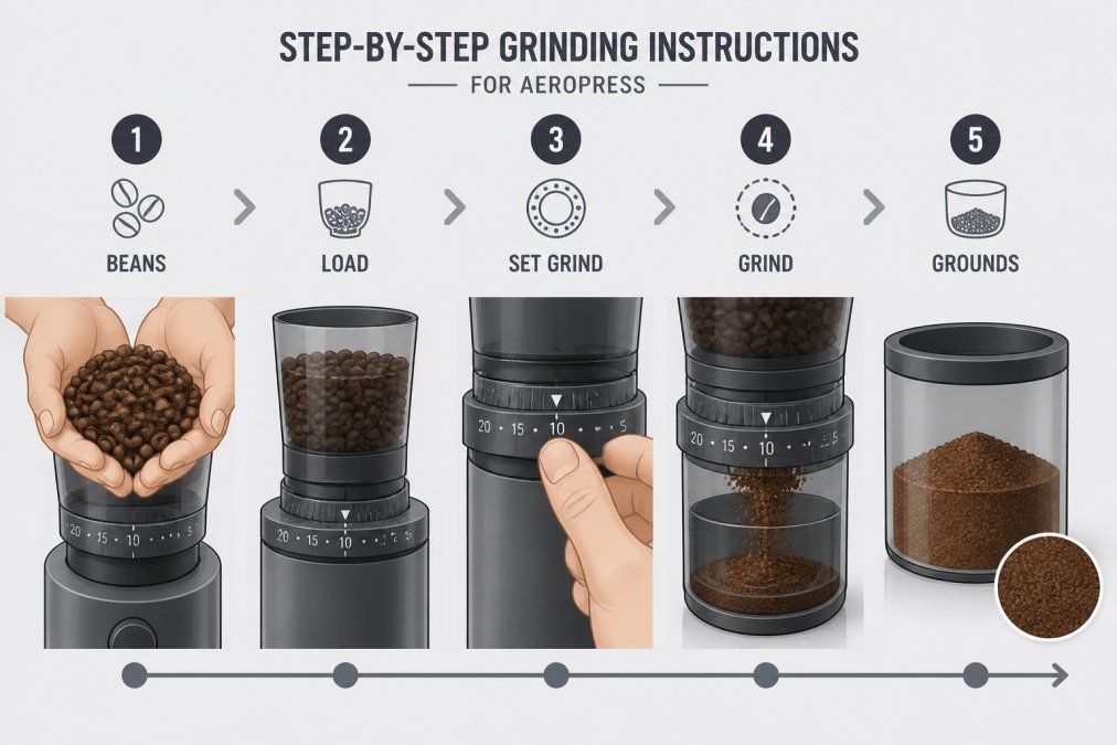 Close-up of hands holding freshly roasted coffee beans over a burr grinder, showing the grinding process with ground coffee visible in the catch container
