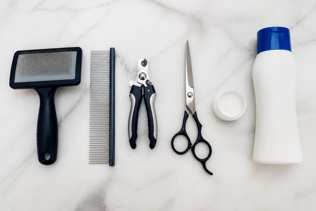 Flat-lay arrangement of dog grooming tools on a clean white surface: slicker brush, metal comb, stainless steel nail clippers, grooming shears, styptic powder in a small container, and dog shampoo bottle neatly organized and ready to use