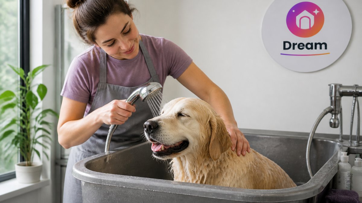 Owner gently bathing a calm dog in a grooming tub with a reassuring hand on the dog's back, showing positive handling technique
