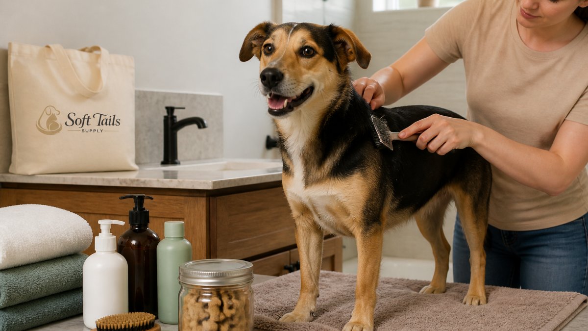 A calm medium-sized dog standing on a towel in a bright bathroom while a person gently brushes its coat with a grooming brush, dog treats visible on the counter nearby