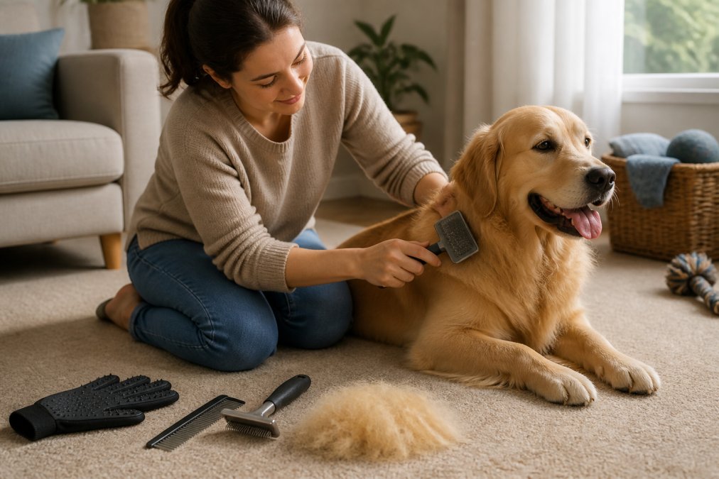 A person kneeling on a living room floor gently brushing a calm golden retriever with a slicker brush, grooming tools arranged neatly on the carpet beside them, soft afternoon light through a window