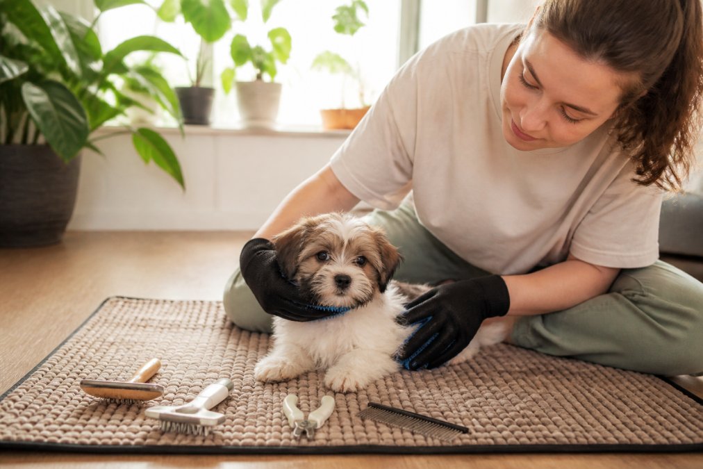Owner gently grooming a small puppy with soft deshedding gloves on a comfortable mat in a quiet home setting, puppy appears calm and engaged with natural window lighting