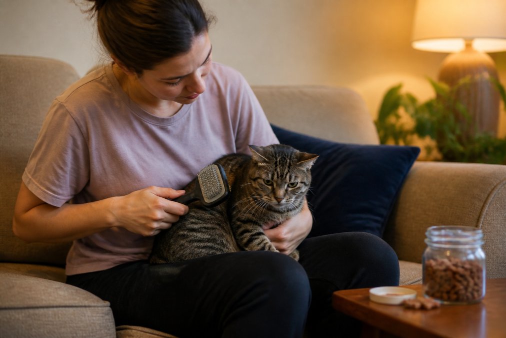A person sitting calmly on a couch, gently introducing a soft brush to a slightly tense tabby cat resting on their lap, with treats visible nearby on a side table, warm indoor lighting