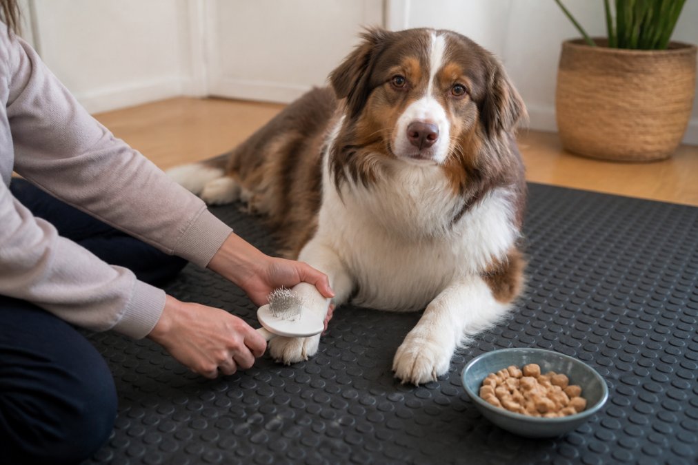 Person gently brushing the paw of a calm dog on a non-slip mat to help groom anxious dog with treats nearby.