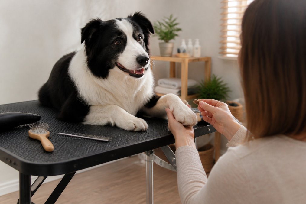 A calm dog lying on a grooming table while a person gently touches its paw with one hand and offers a small treat with the other, in a softly lit home room with grooming tools nearby