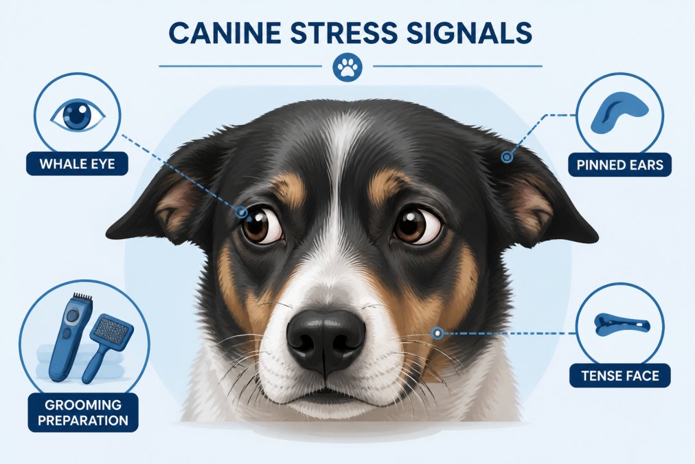 Close-up of a dog's face showing stress signals including whale eye with visible white, pinned-back ears, and tense facial expression during grooming preparation with soft natural lighting