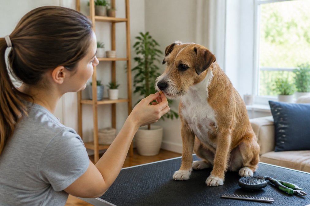 Dog owner's hands gently offering a small high-value treat to a calm dog with soft expression during a grooming session in home setting with natural window lighting