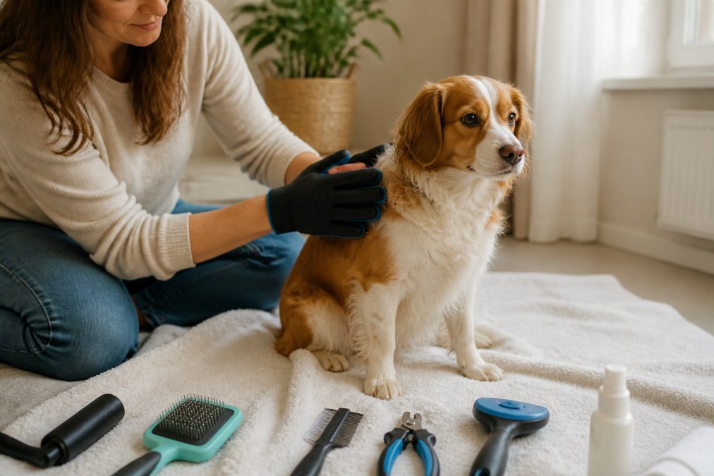 A calm dog sitting on a soft towel in a quiet room while a person gently brushes its coat with a grooming glove, warm natural light, peaceful atmosphere