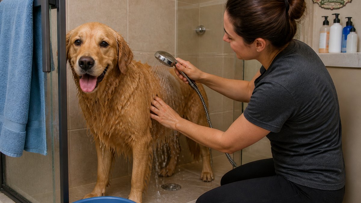 A person kneeling beside a large wet golden retriever in a home shower stall, holding a handheld sprayer and rinsing shampoo from the dog's back, with a microfiber towel draped over the shower door